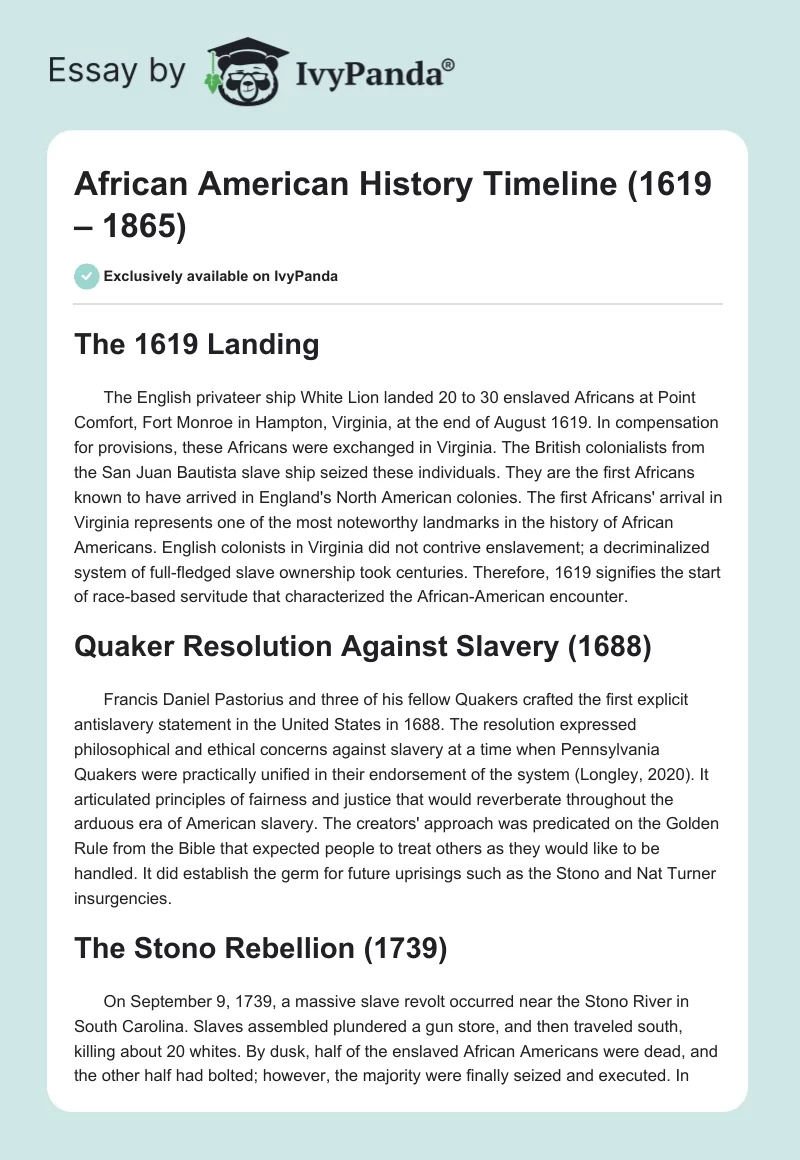 African American History Timeline (1619 – 1865). Page 1