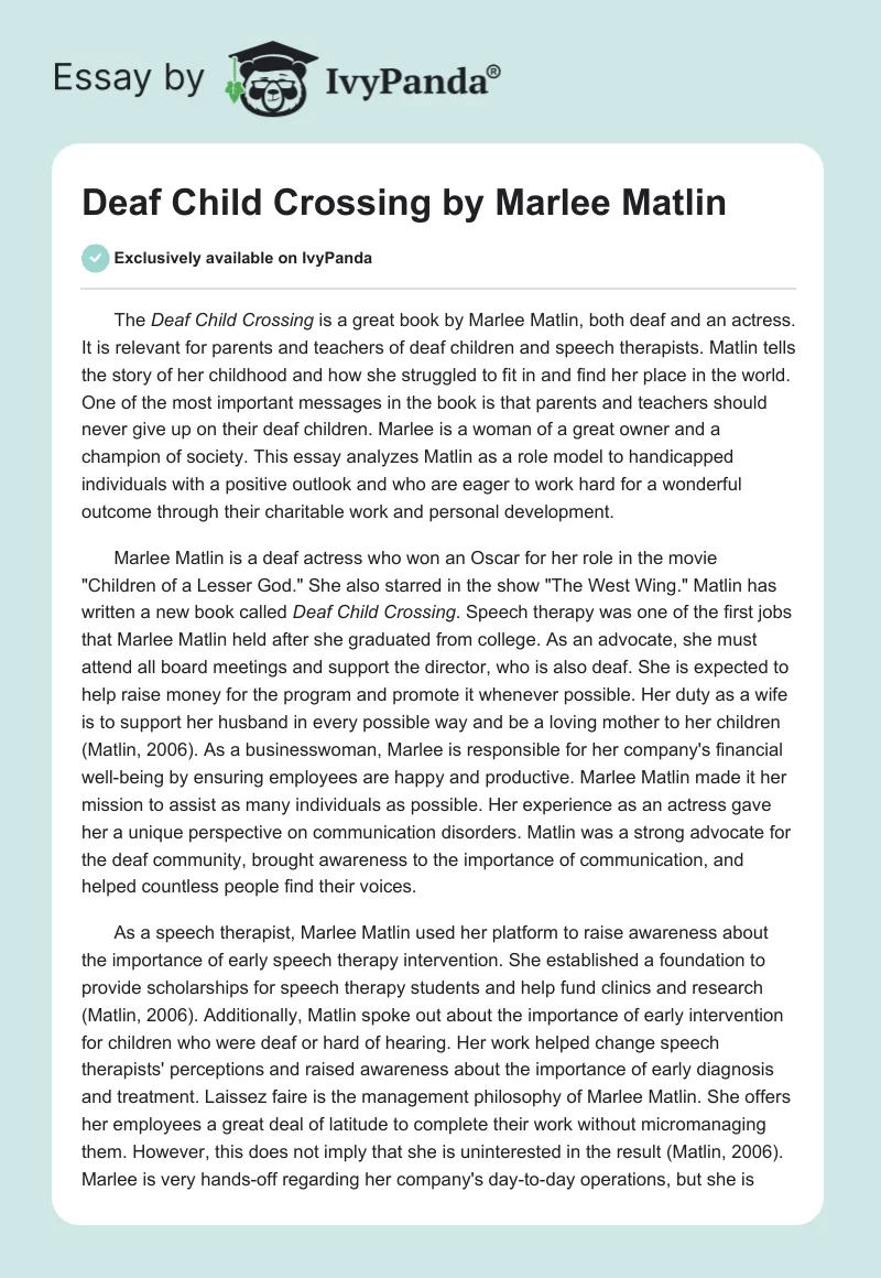 Deaf Child Crossing by Marlee Matlin. Page 1