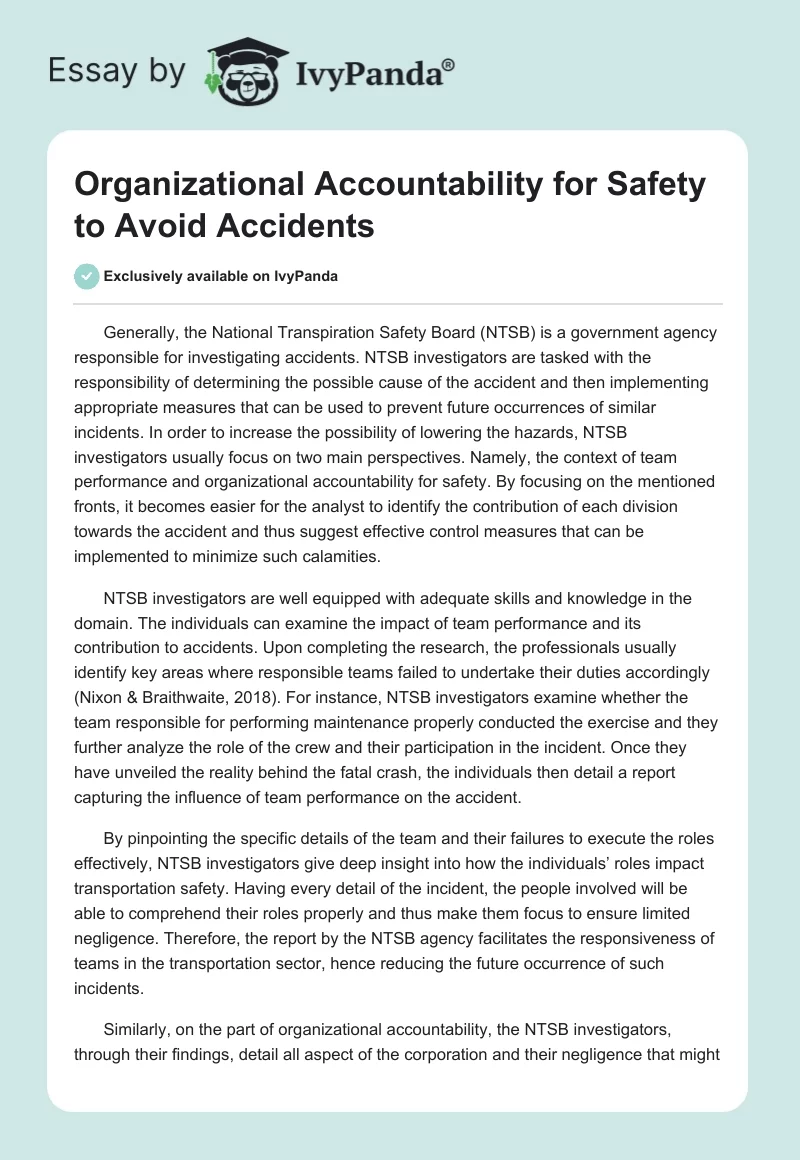 Organizational Accountability for Safety to Avoid Accidents. Page 1