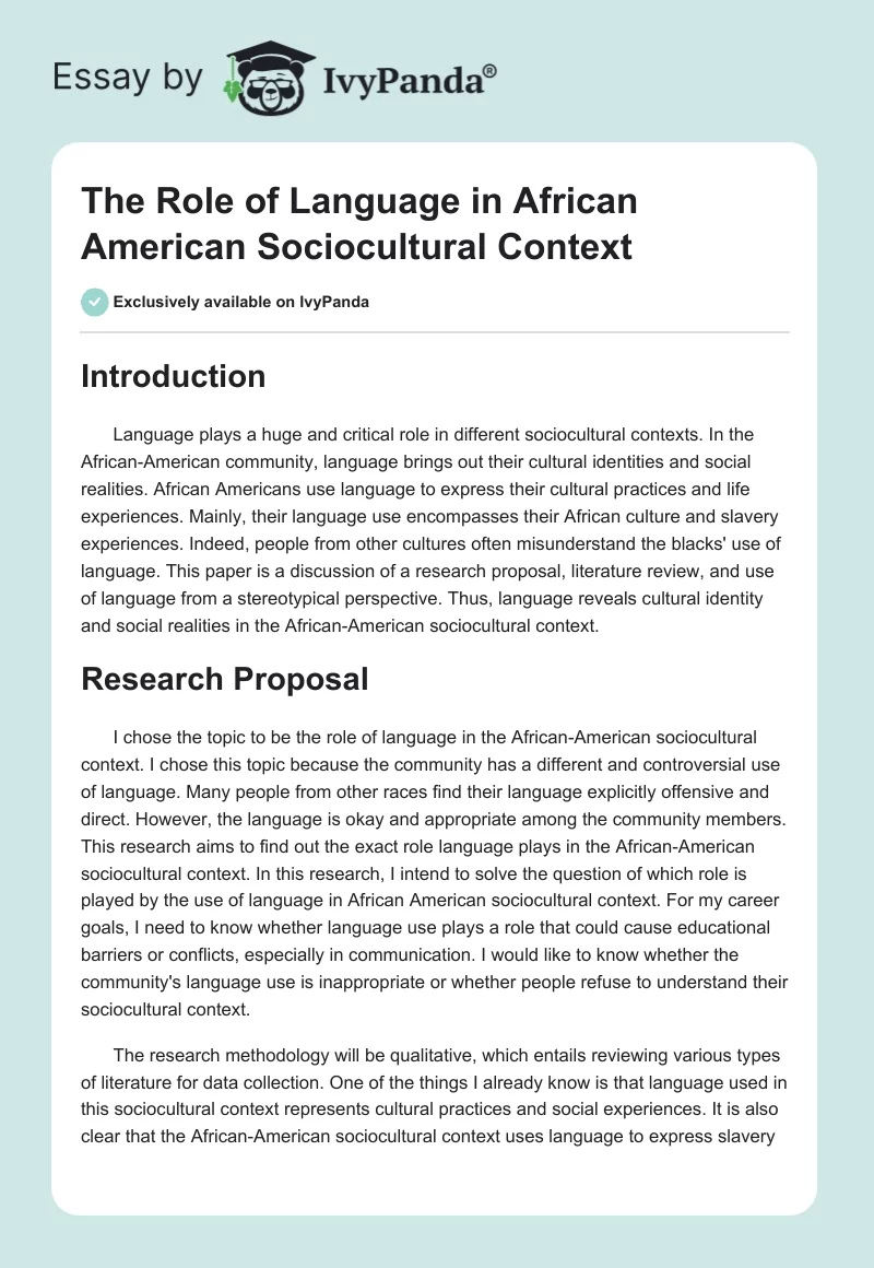 The Role of Language in African American Sociocultural Context. Page 1