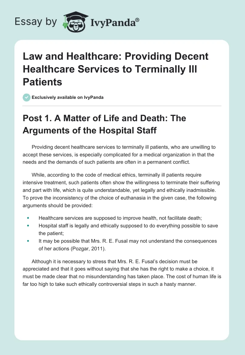 Law and Healthcare: Providing Decent Healthcare Services to Terminally Ill Patients. Page 1
