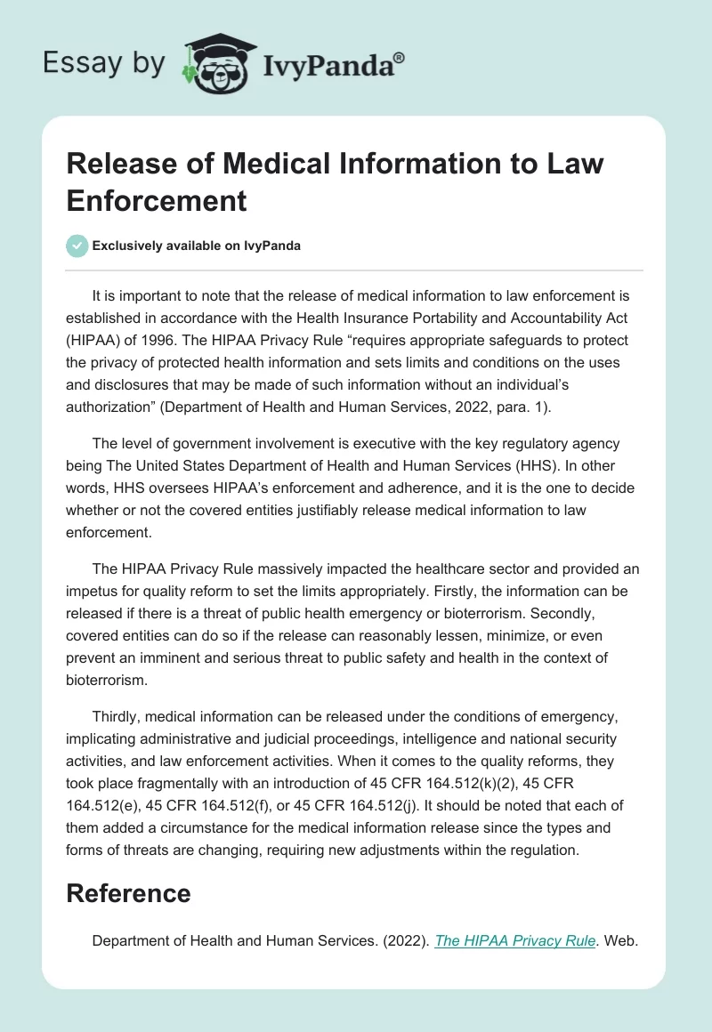 Release of Medical Information to Law Enforcement. Page 1