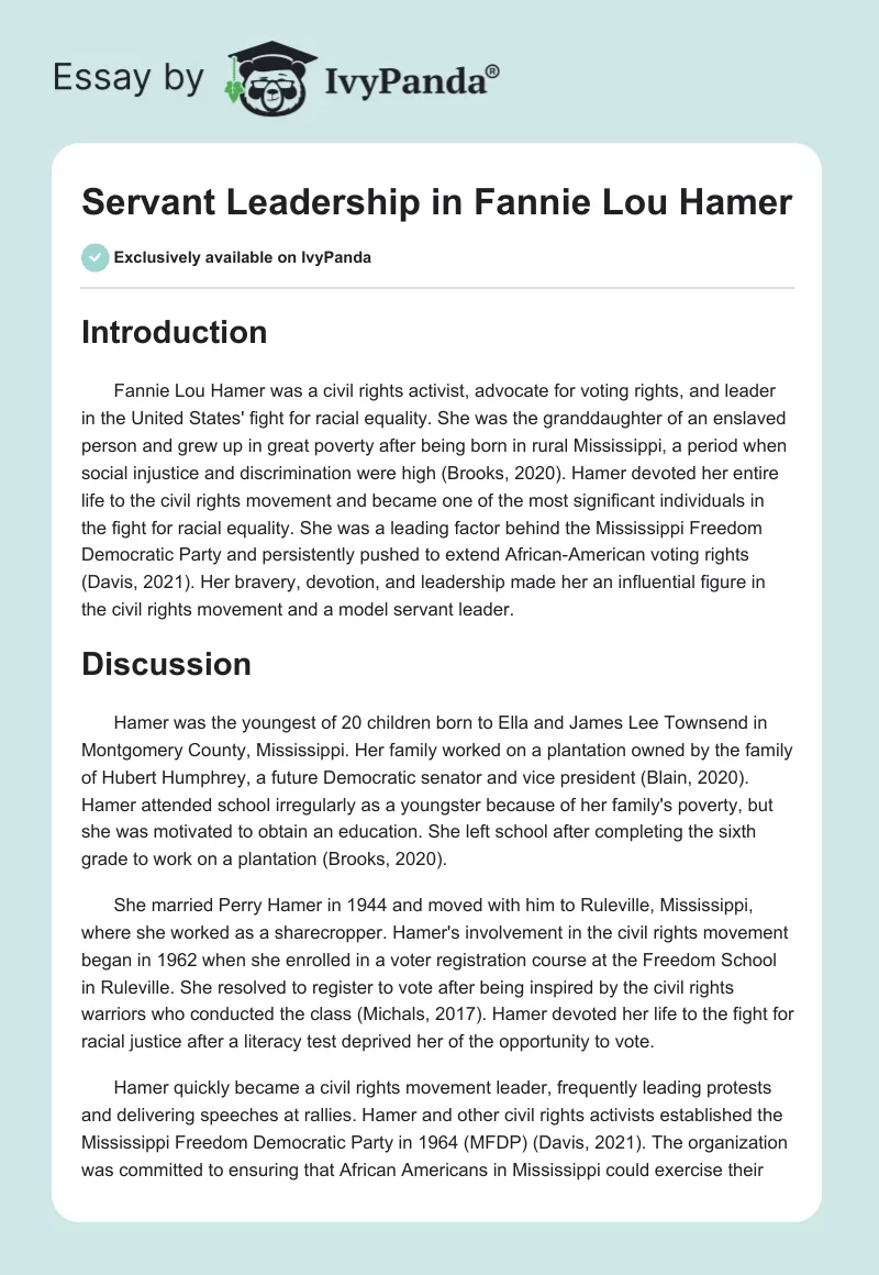 Servant Leadership in Fannie Lou Hamer. Page 1