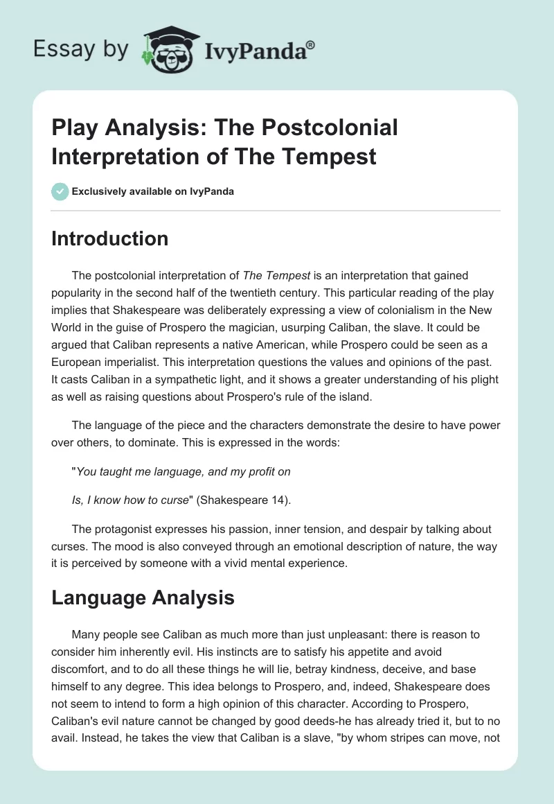 Play Analysis: The Postcolonial Interpretation of "The Tempest". Page 1