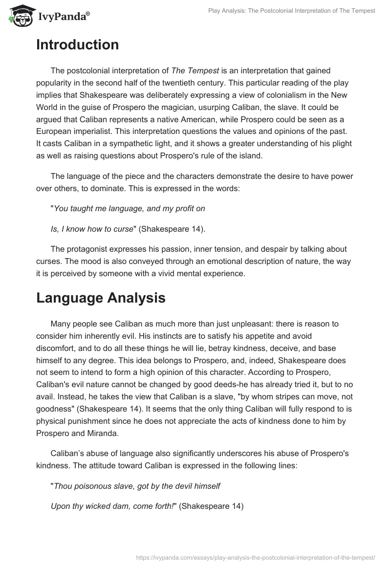Play Analysis: The Postcolonial Interpretation of "The Tempest". Page 3