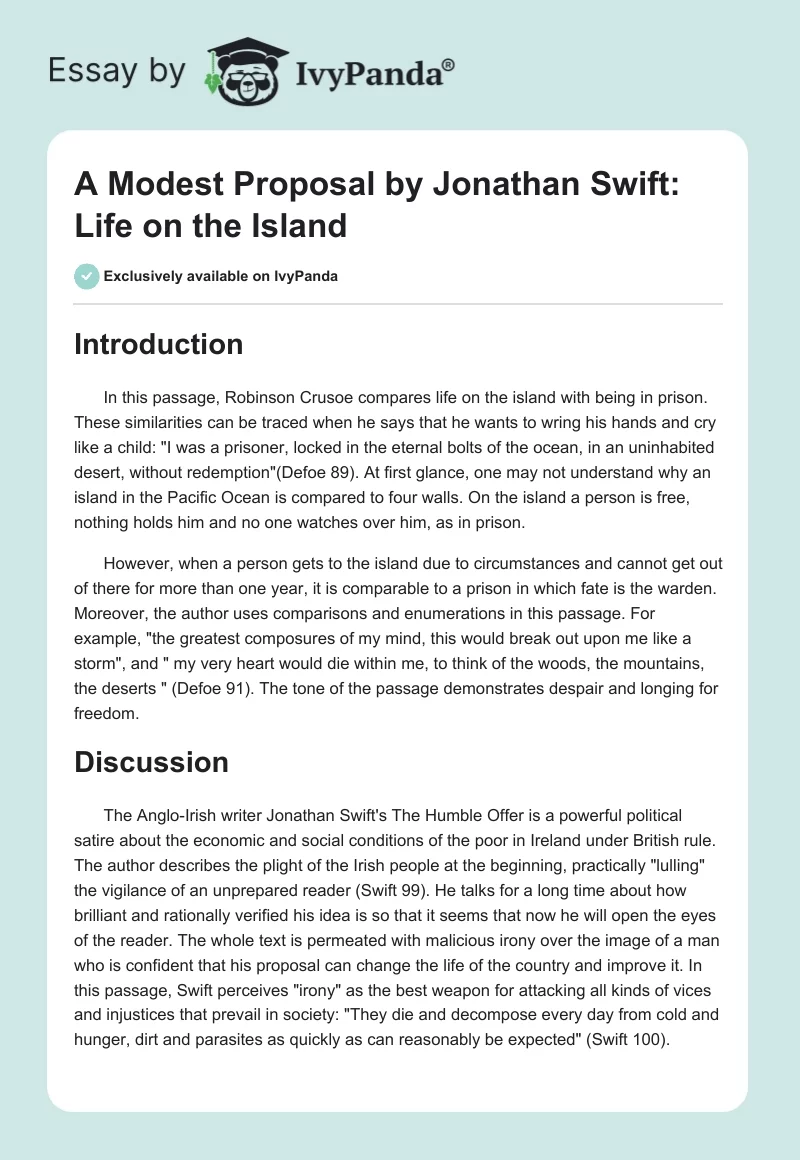 "A Modest Proposal" by Jonathan Swift: Life on the Island. Page 1