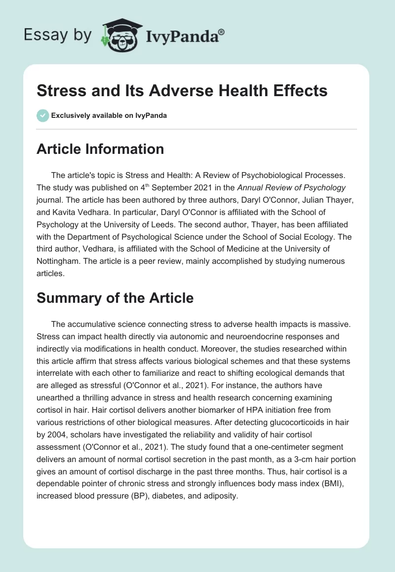 Stress and Its Adverse Health Effects. Page 1
