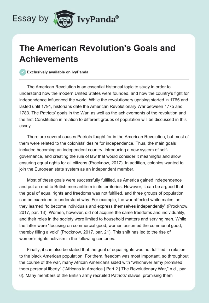 The American Revolution's Goals and Achievements. Page 1