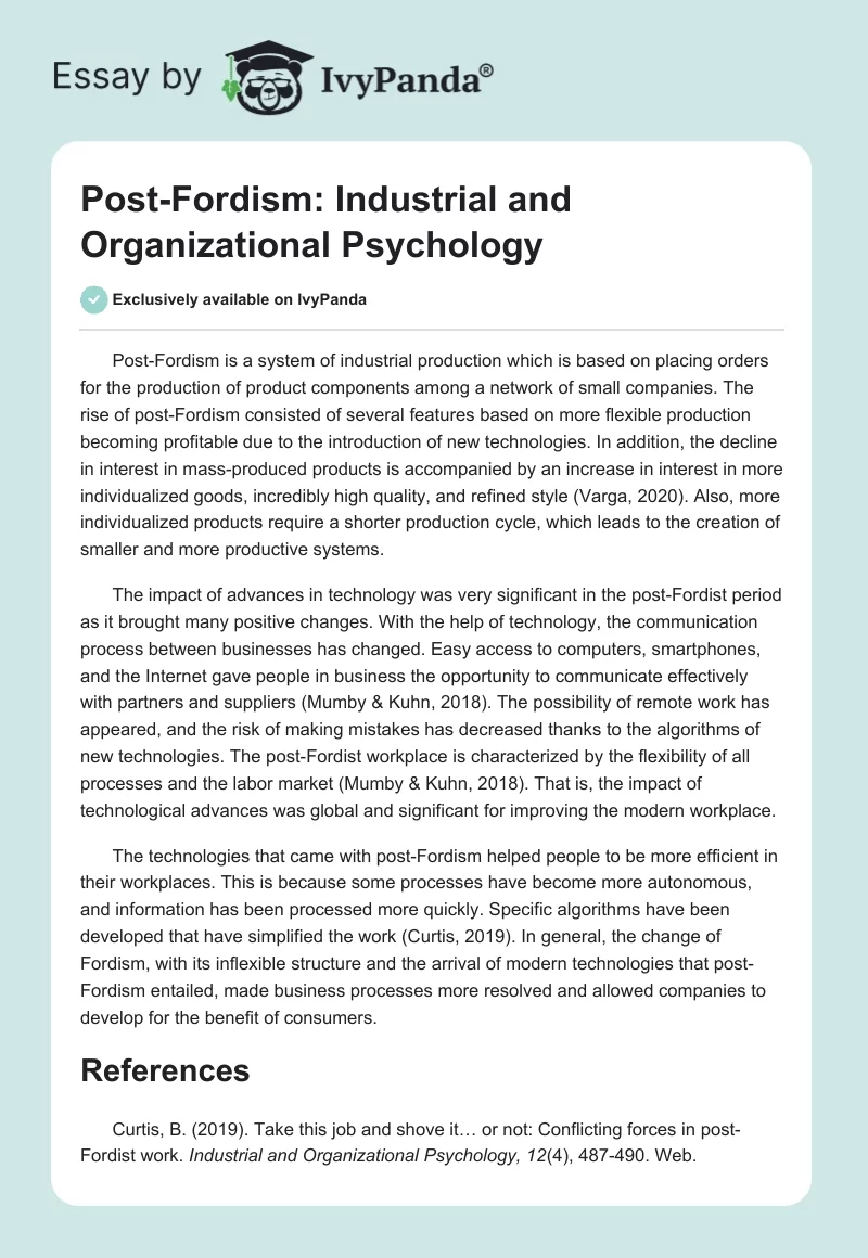 Post-Fordism: Industrial and Organizational Psychology. Page 1