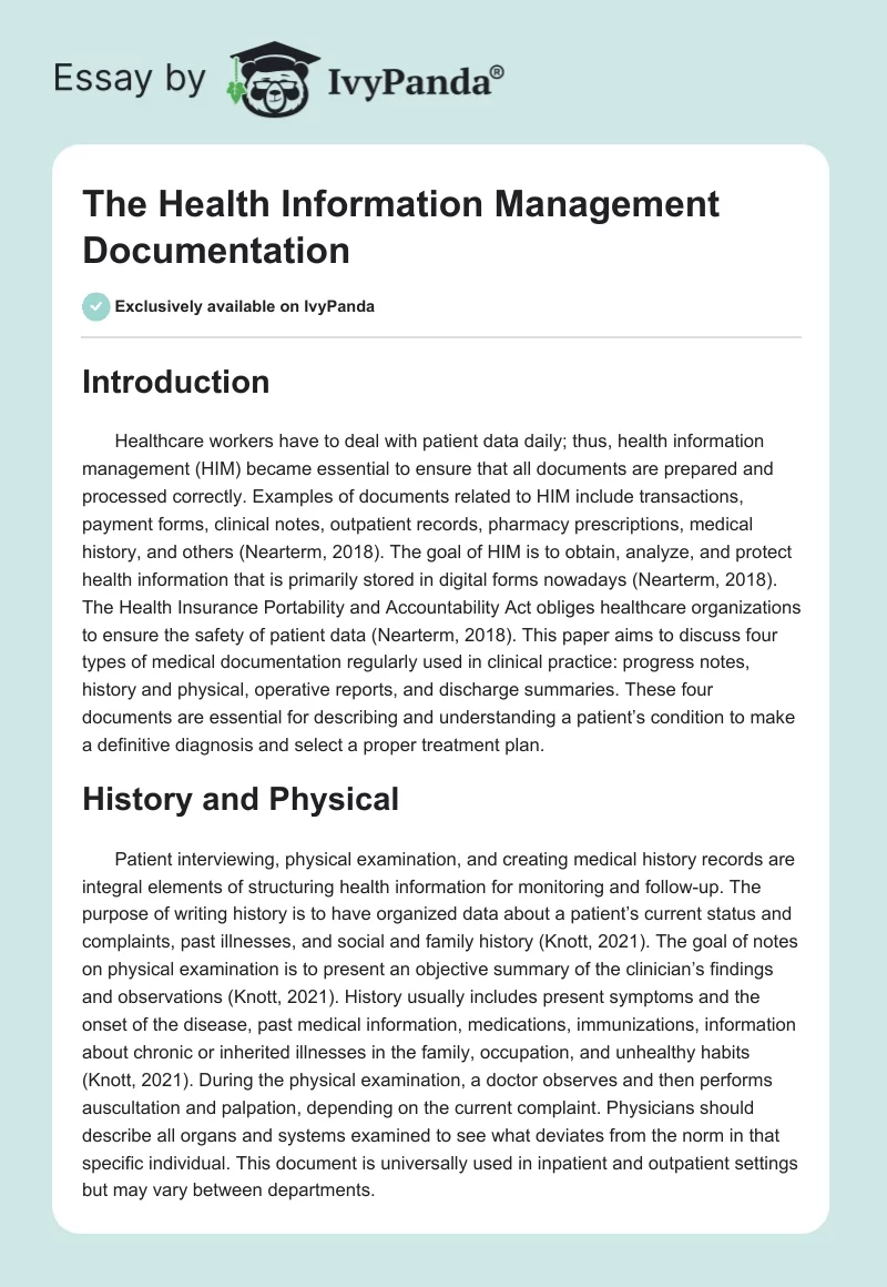 The Health Information Management Documentation. Page 1