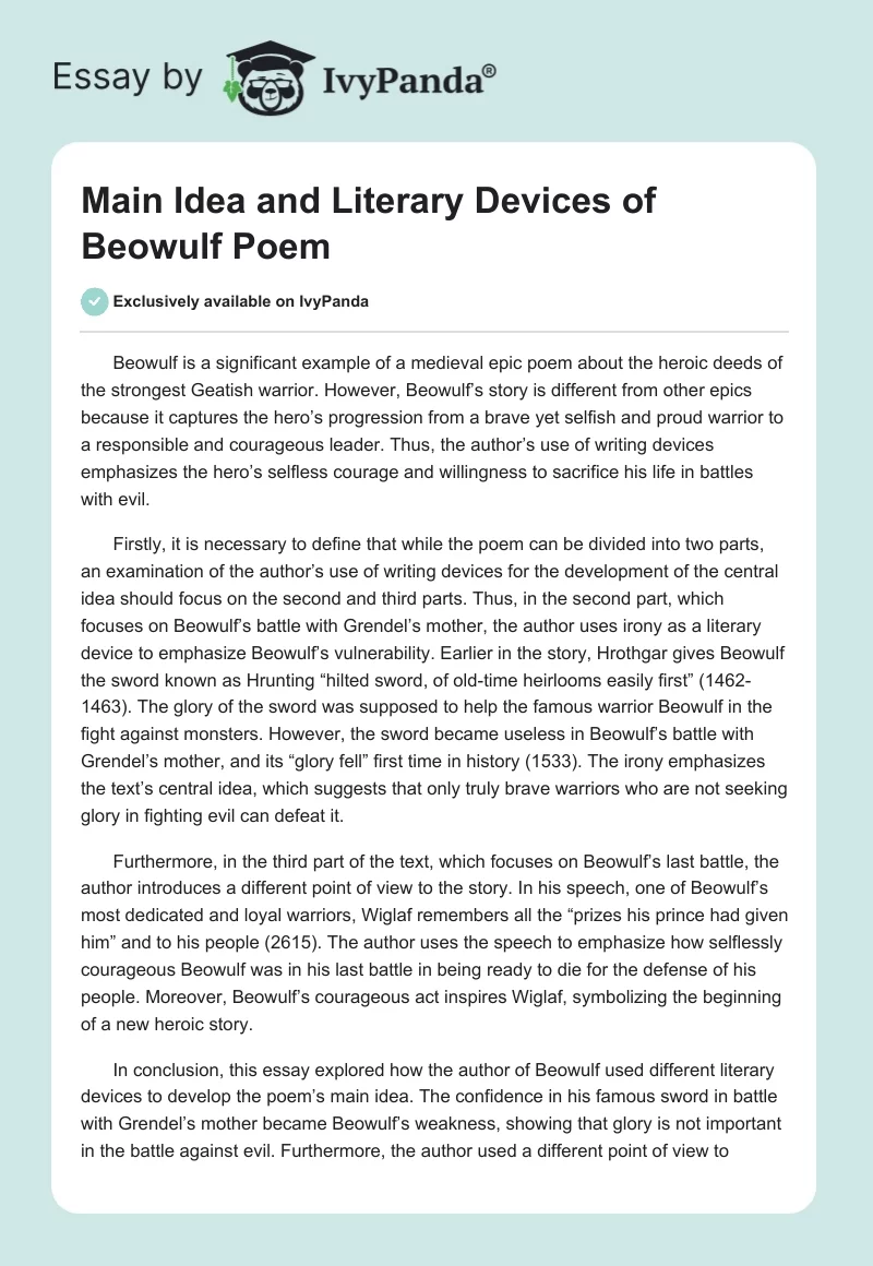 Main Idea and Literary Devices of Beowulf Poem. Page 1