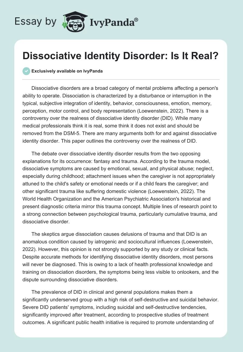 Dissociative Identity Disorder: Is It Real?. Page 1