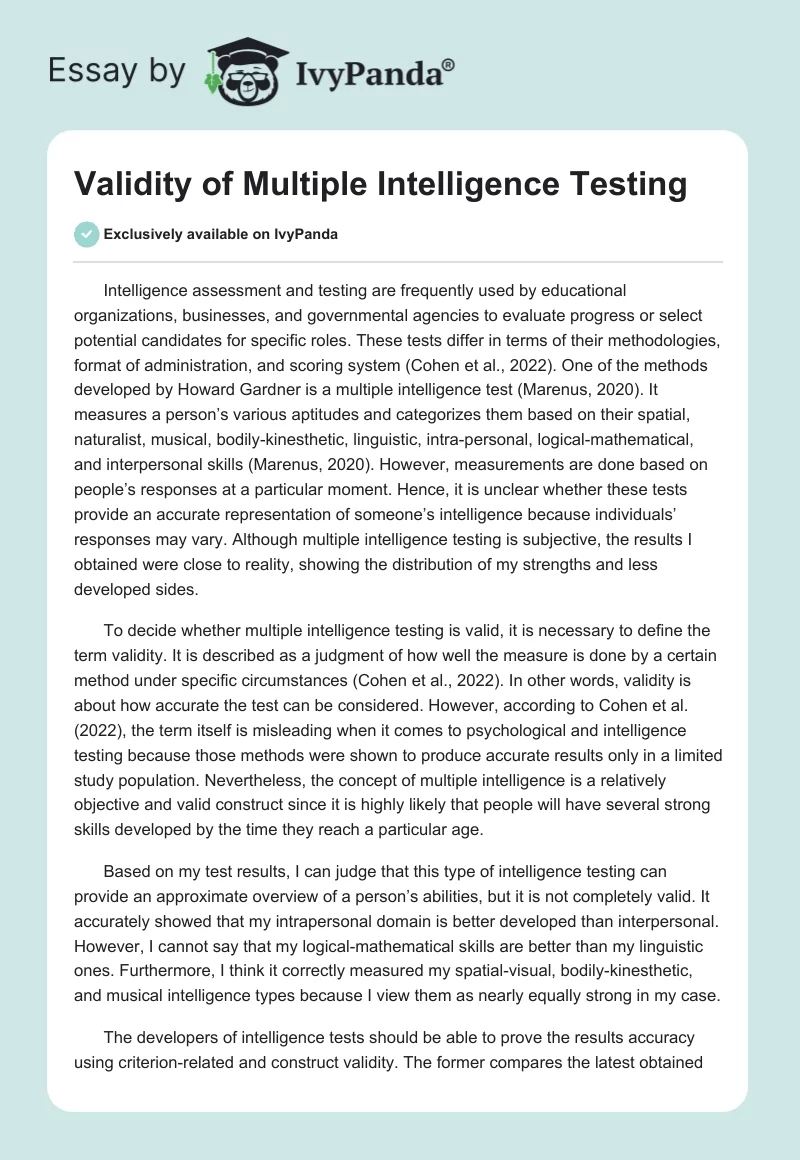 Validity of Multiple Intelligence Testing. Page 1