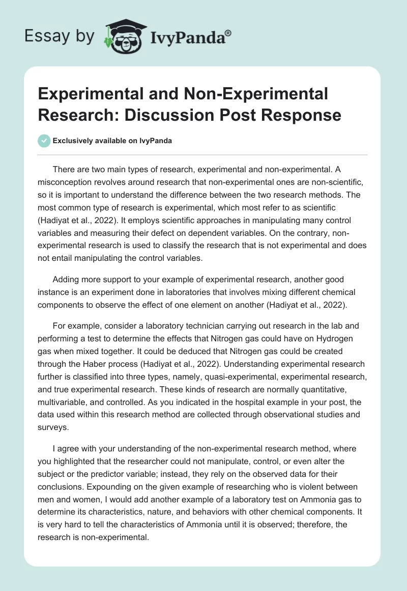 Experimental and Non-Experimental Research: Discussion Post Response. Page 1