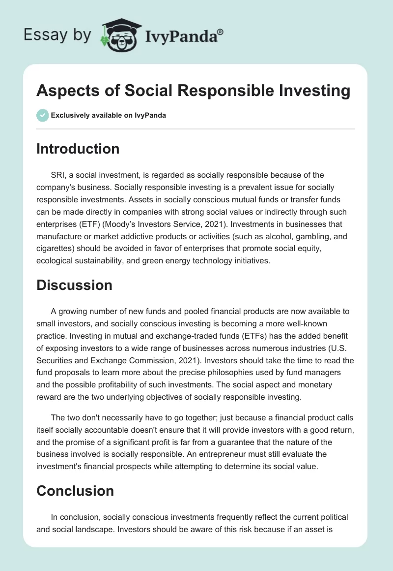 Aspects of Social Responsible Investing. Page 1