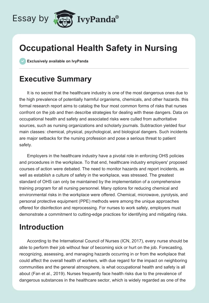 Occupational Health Safety in Nursing. Page 1