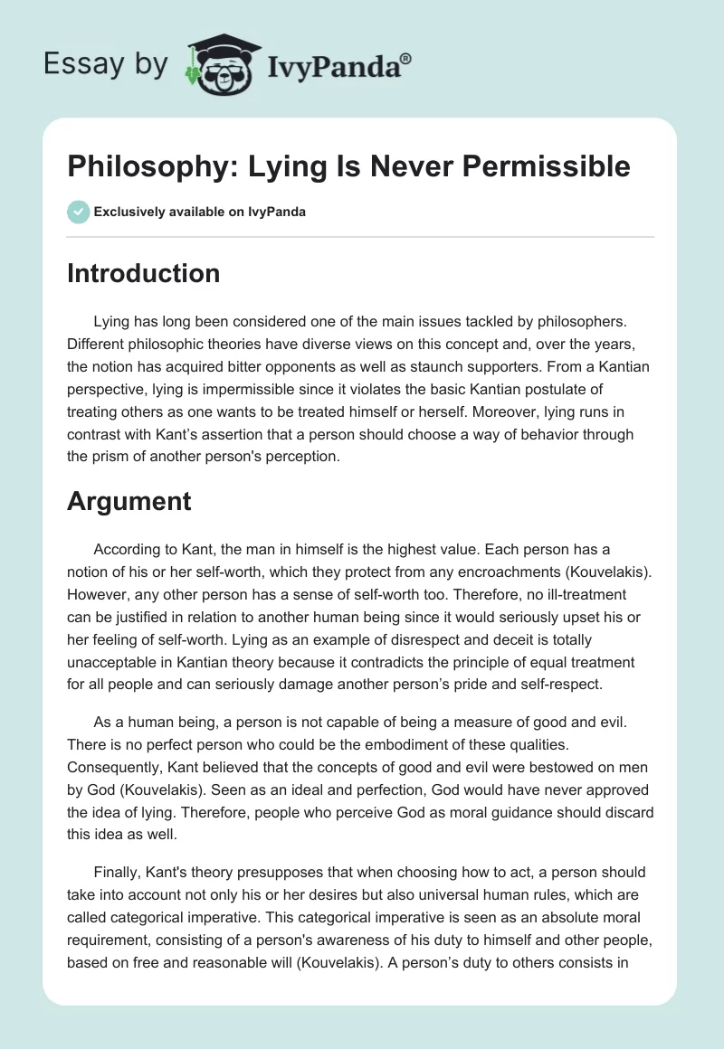 Philosophy: Lying Is Never Permissible. Page 1