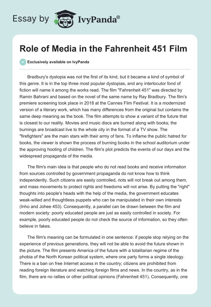Control and Propaganda in the “Fahrenheit 451” Film. Page 1