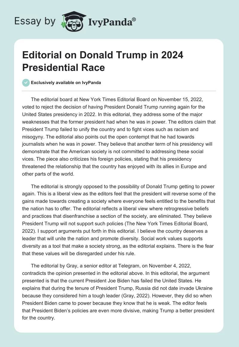 Editorial on Donald Trump in 2024 Presidential Race. Page 1