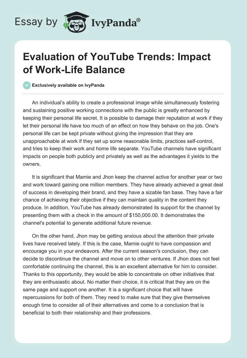 Evaluation of YouTube Trends: Impact of Work-Life Balance. Page 1