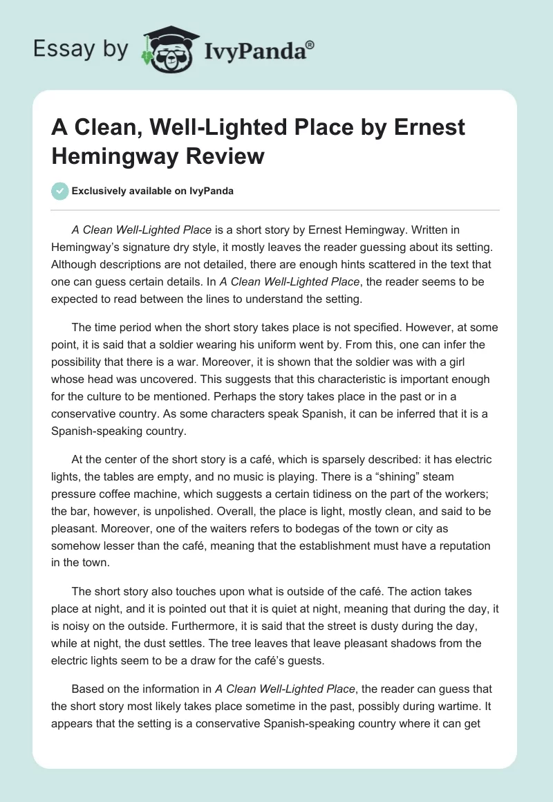 "A Clean, Well-Lighted Place" by Ernest Hemingway Review. Page 1