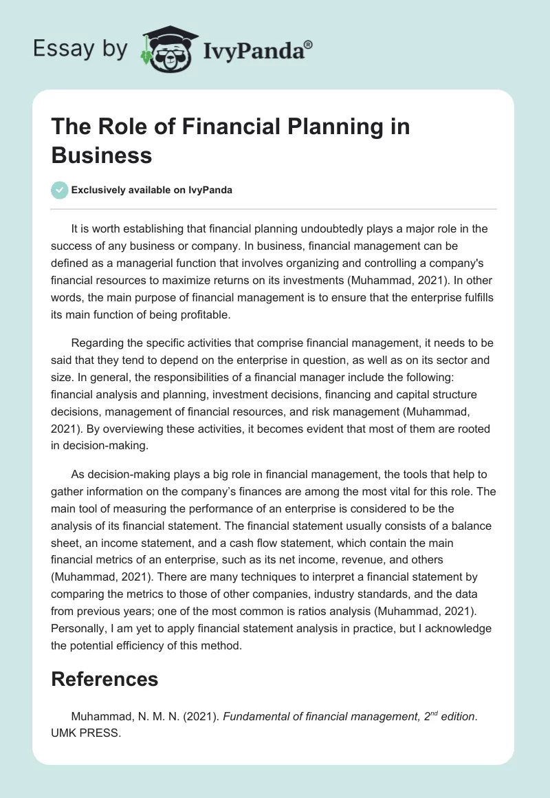 The Role of Financial Planning in Business. Page 1
