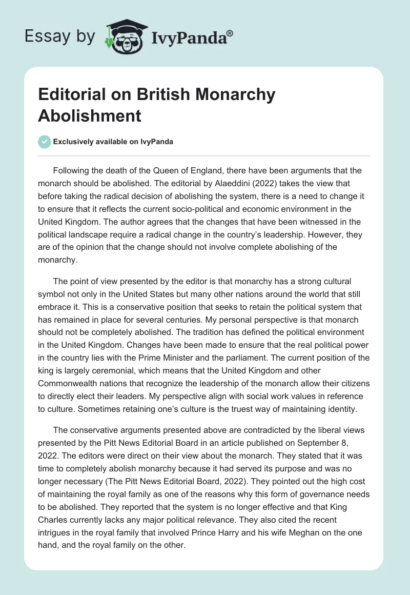 Editorial on British Monarchy Abolishment. Page 1