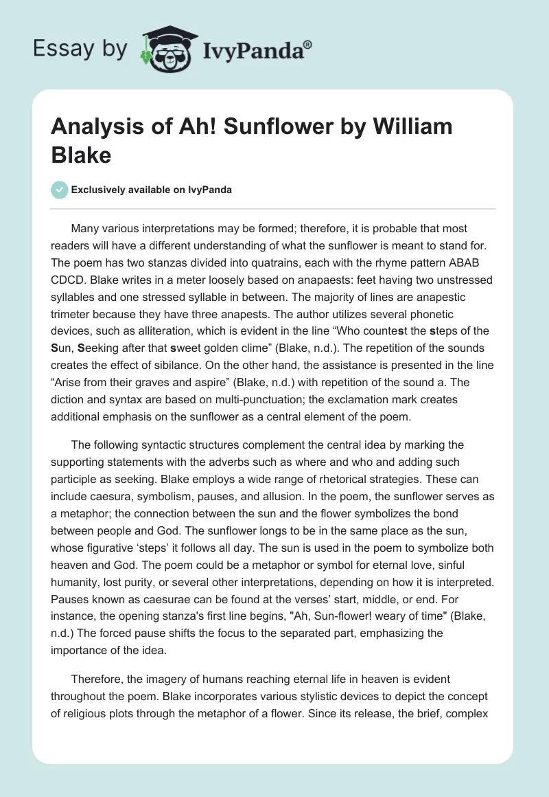 Analysis of "Ah! Sunflower" by William Blake. Page 1