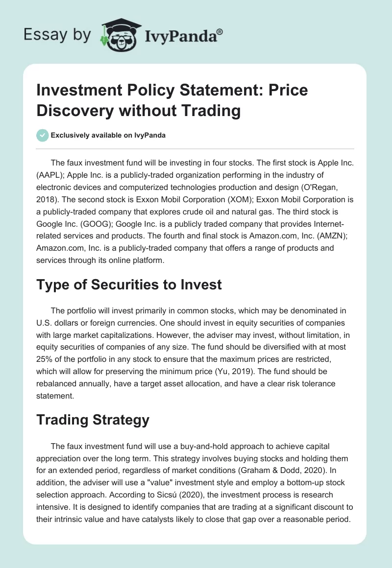 Investment Policy Statement: Price Discovery without Trading. Page 1