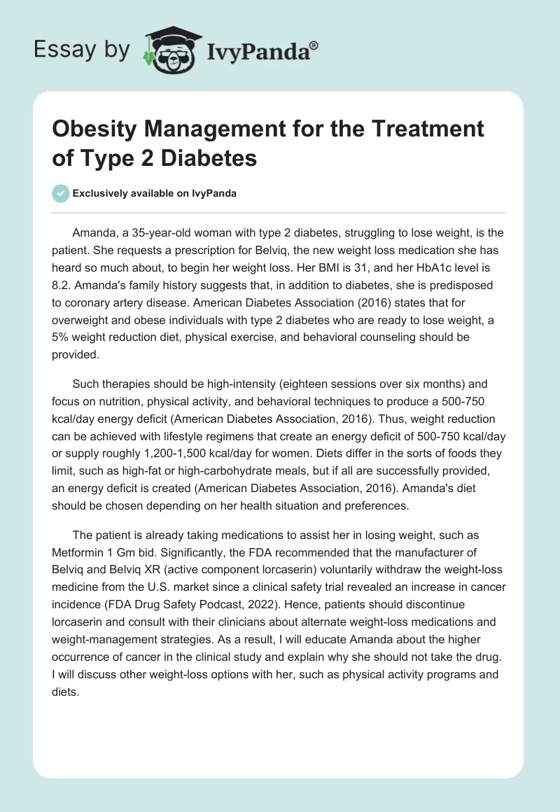 Obesity Management for the Treatment of Type 2 Diabetes. Page 1