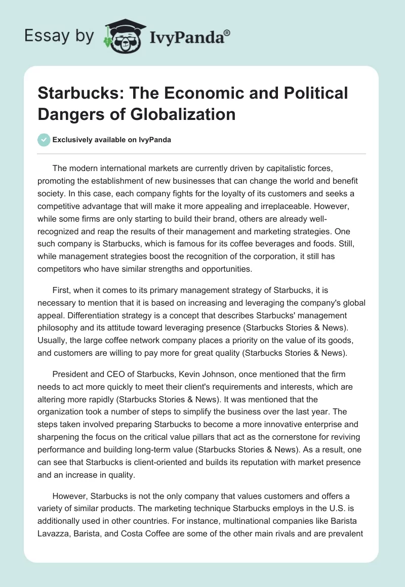 Starbucks: The Economic and Political Dangers of Globalization. Page 1