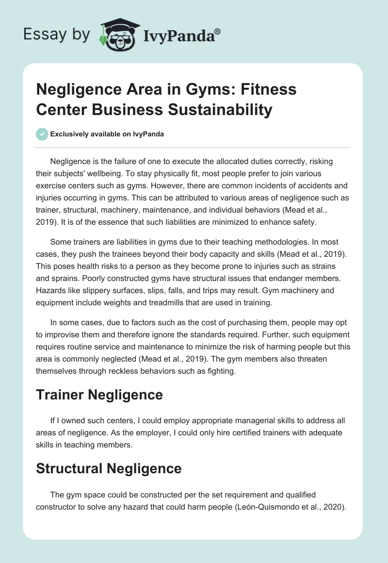 Negligence Area in Gyms: Fitness Center Business Sustainability. Page 1