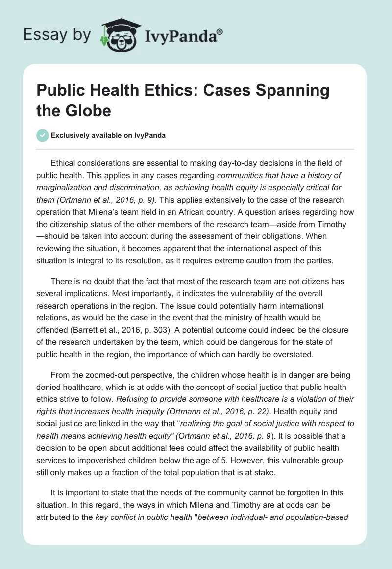 Public Health Ethics Cases Spanning The Globe Words Essay Example
