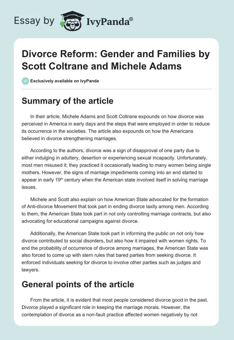 Divorce Reform: "Gender and Families" by Scott Coltrane and Michele Adams. Page 1