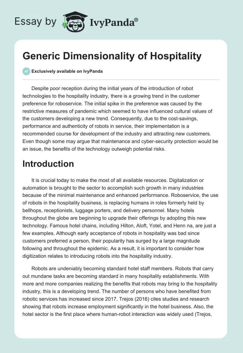 Generic Dimensionality of Hospitality. Page 1
