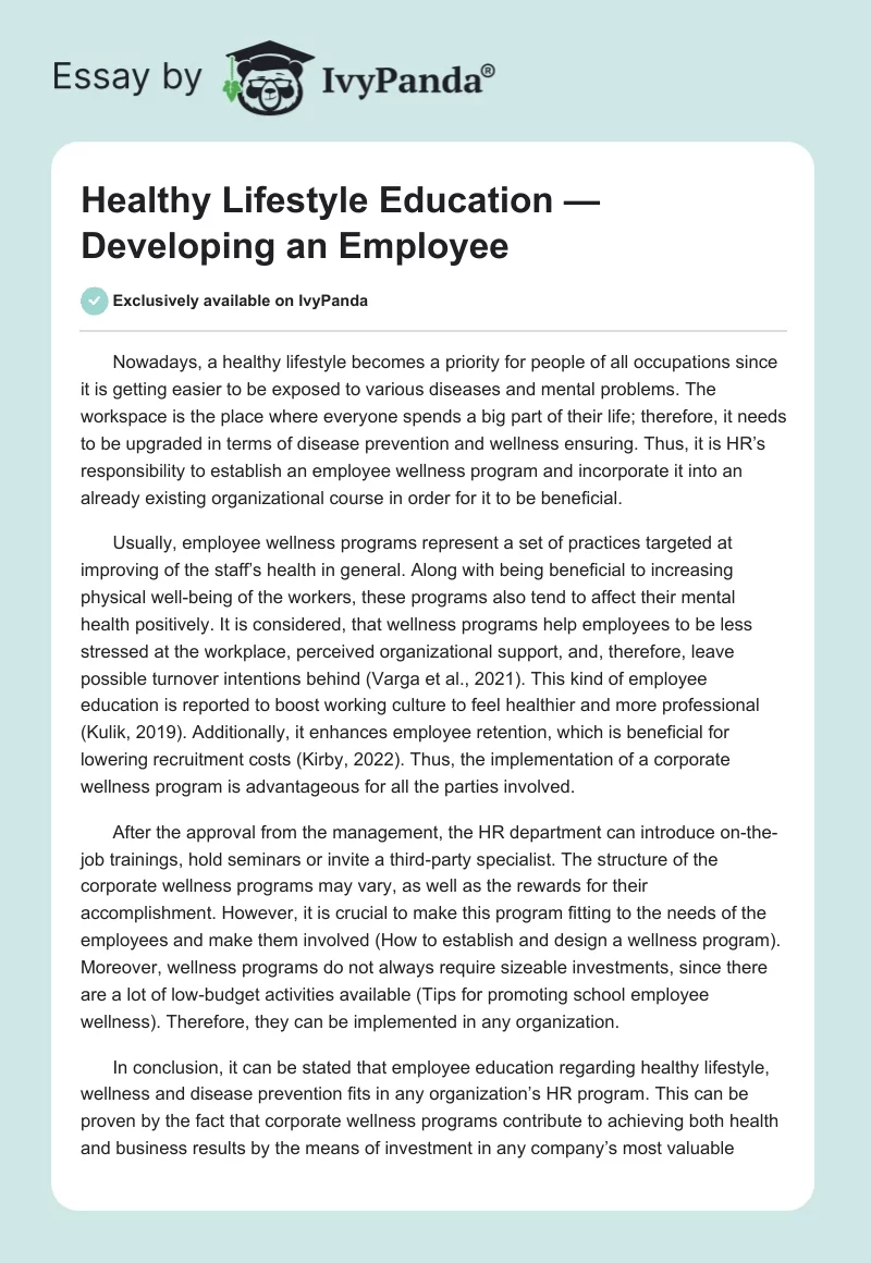 Healthy Lifestyle Education — Developing an Employee. Page 1