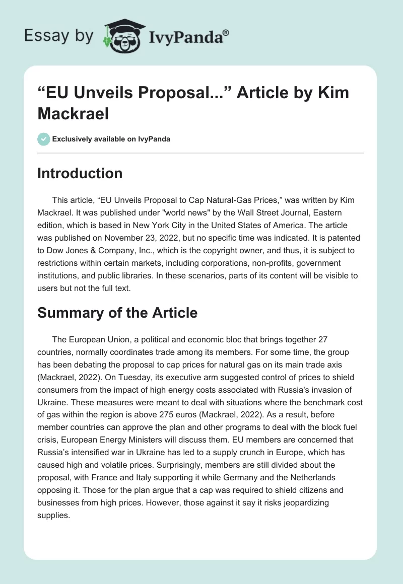 “EU Unveils Proposal...” Article by Kim Mackrael. Page 1