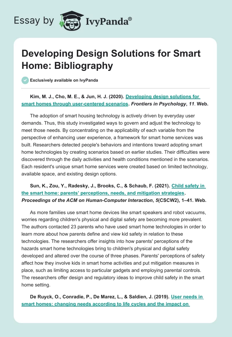 Developing Design Solutions for Smart Home: Bibliography. Page 1