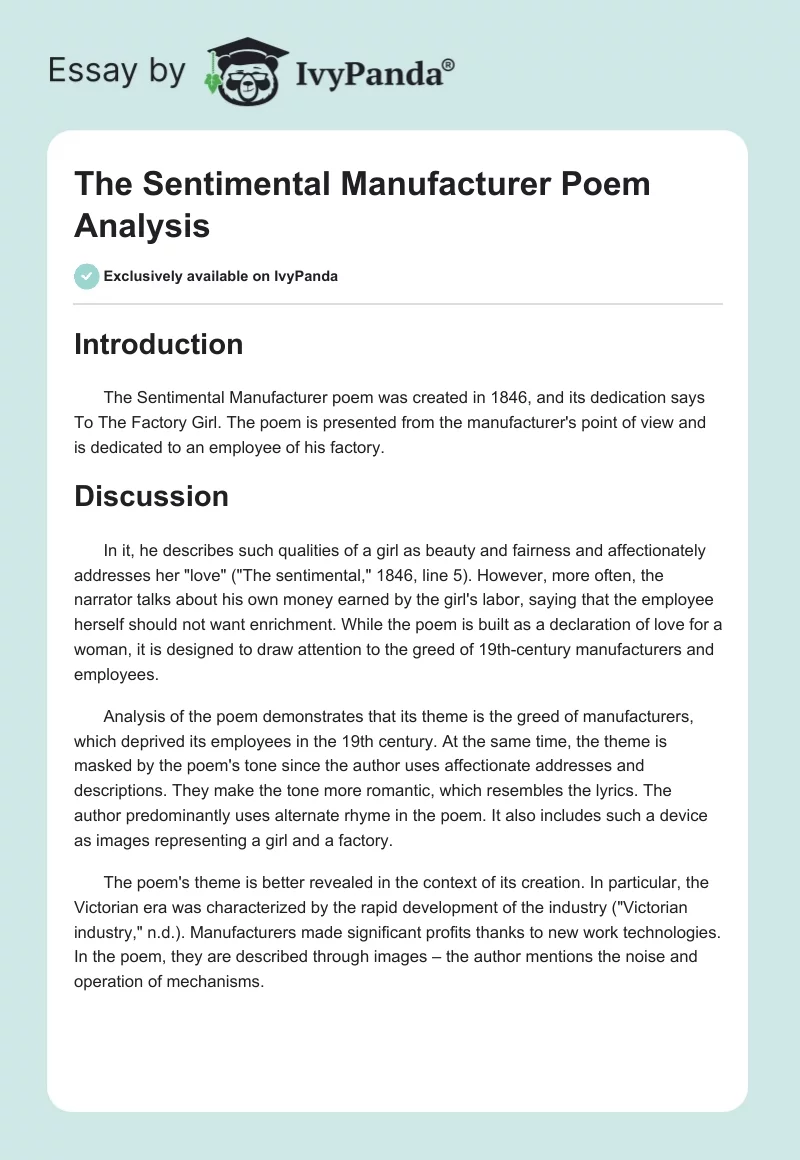 "The Sentimental Manufacturer" Poem Analysis. Page 1