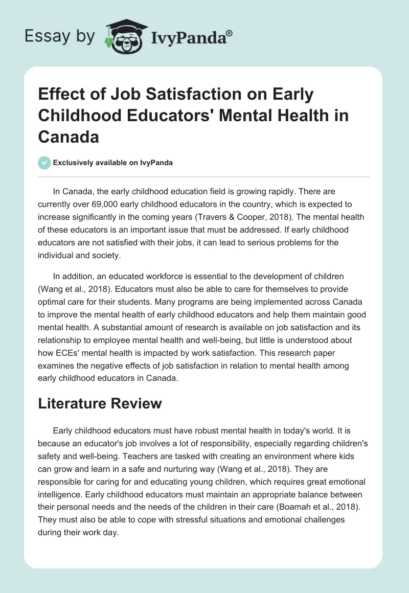 Effect of Job Satisfaction on Early Childhood Educators' Mental Health in Canada. Page 1