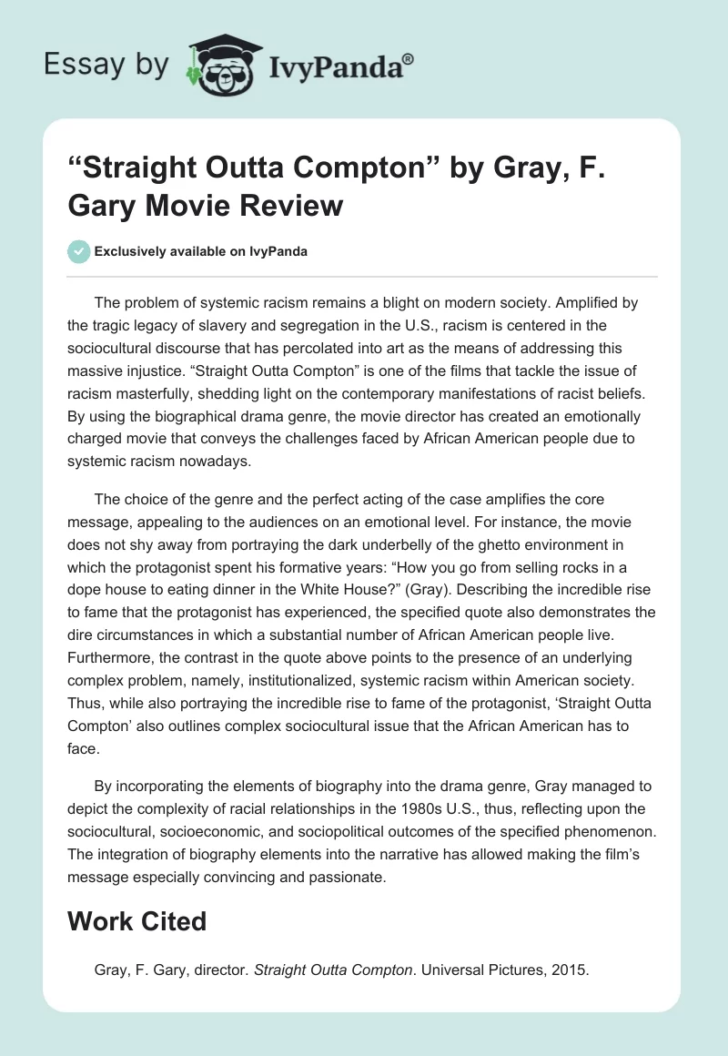 “Straight Outta Compton” by Gray, F. Gary Movie Review. Page 1