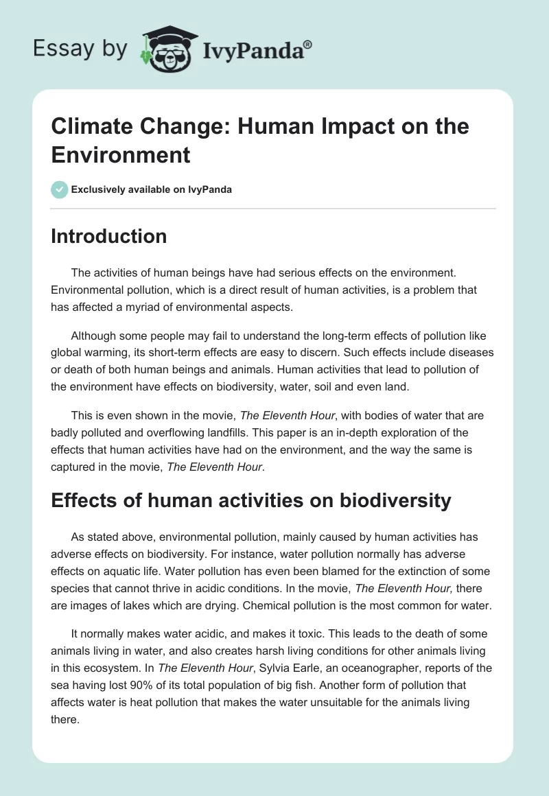 Climate Change: Human Impact on the Environment. Page 1