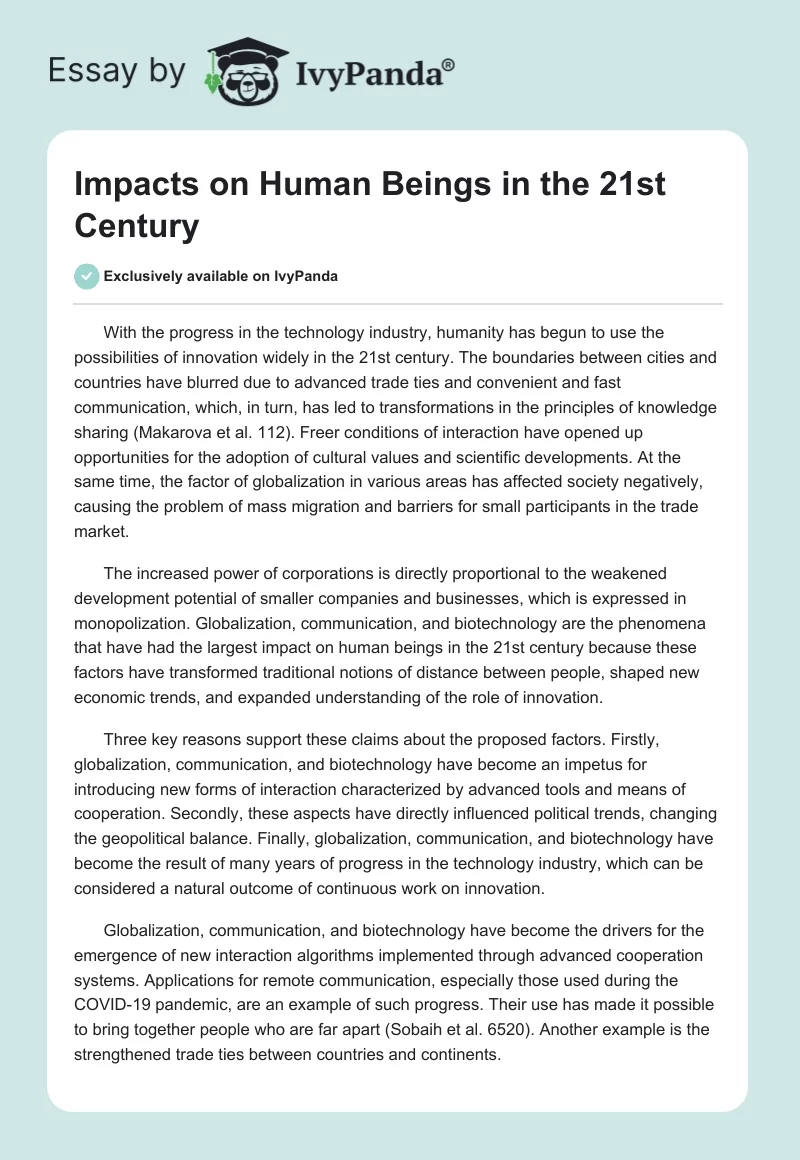 Impacts on Human Beings in the 21st Century. Page 1