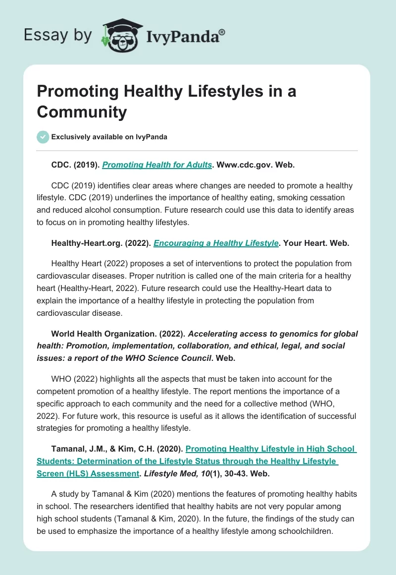 Promoting Healthy Lifestyles in a Community. Page 1