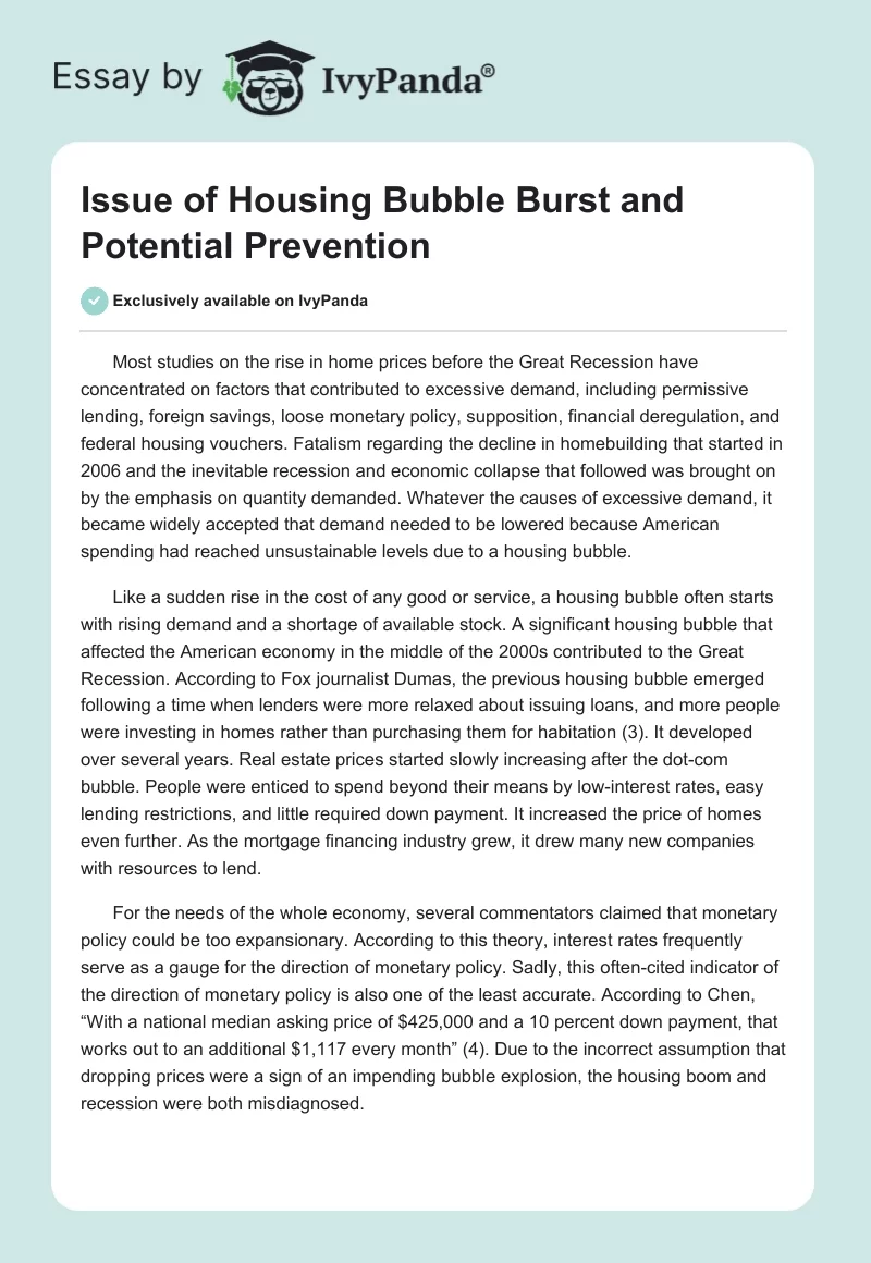 Issue of Housing Bubble Burst and Potential Prevention. Page 1