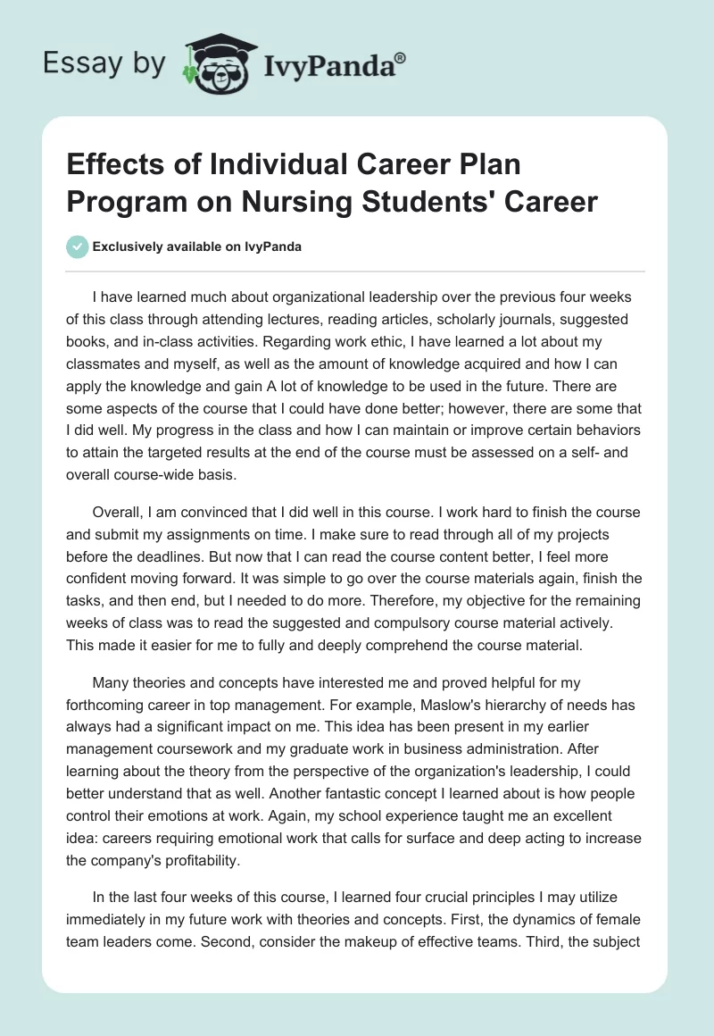 Effects of Individual Career Plan Program on Nursing Students' Career. Page 1