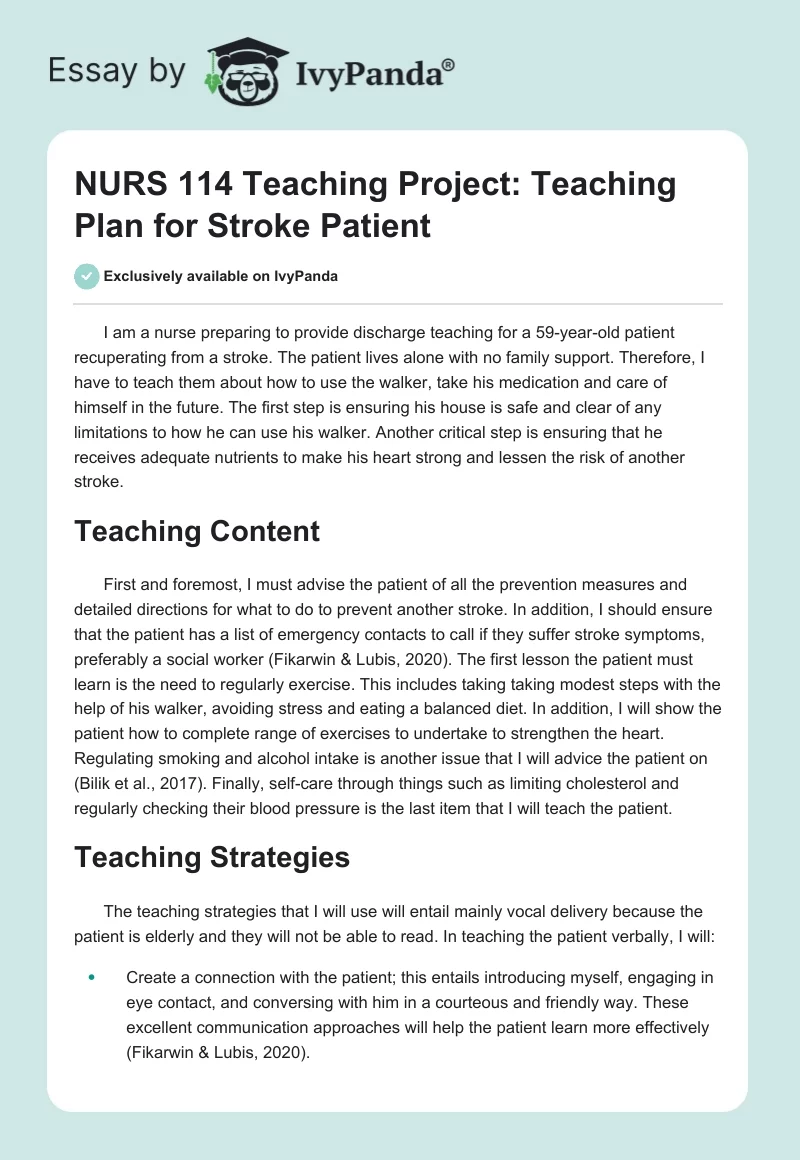 NURS 114 Teaching Project: Teaching Plan for Stroke Patient. Page 1
