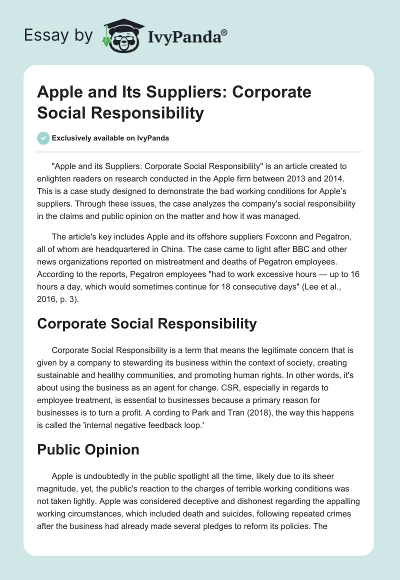 Apple and Its Suppliers: Corporate Social Responsibility. Page 1