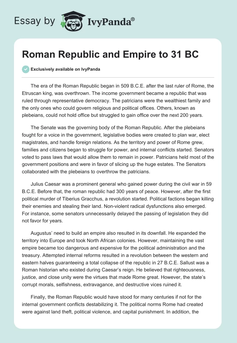 Roman Republic and Empire to 31 BC. Page 1