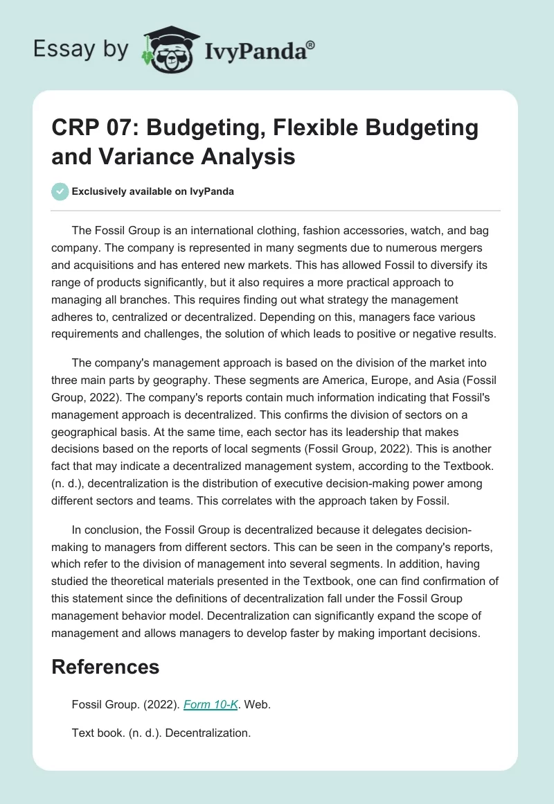 CRP 07: Budgeting, Flexible Budgeting and Variance Analysis. Page 1